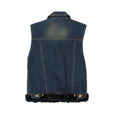 Vintage Denim Faux Fur Trim Vest