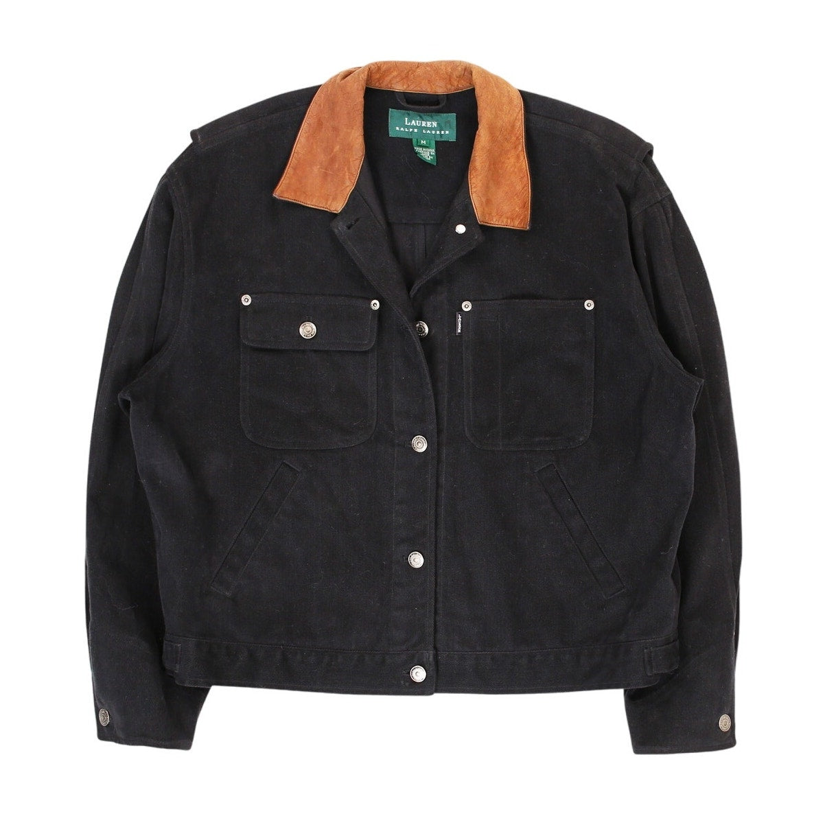 Vintage Leather Collar Black Denim Jacket