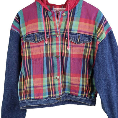 Vintage Jordache Rainbow Plaid Hoodie Denim Jacket